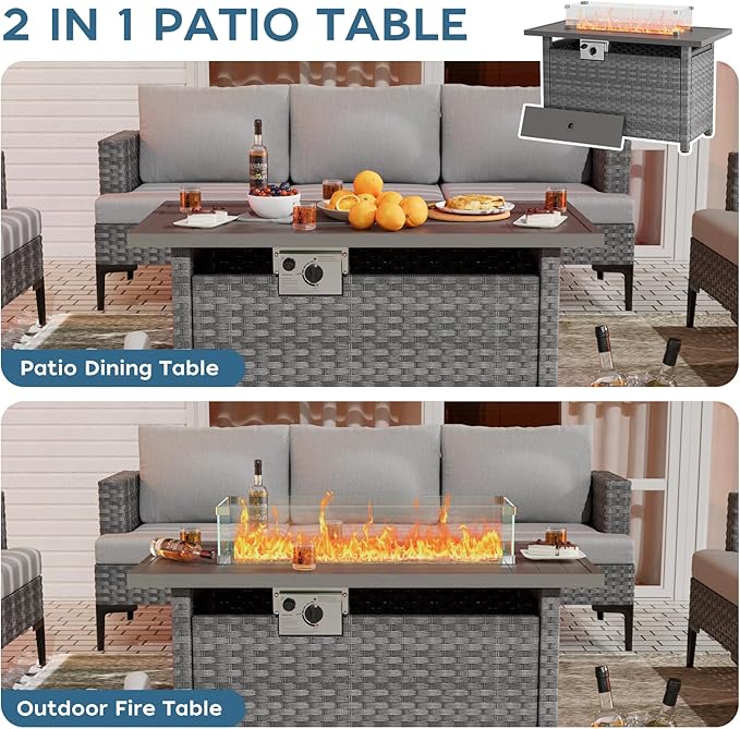 Propane Fire Pit Table Outdoor, 44" 60000BTU Auto-Ignition Fire Pits Table with Wind Guard Square Large Wicker Propane Firepits for Porch Garden(Grey,CSA Certified)