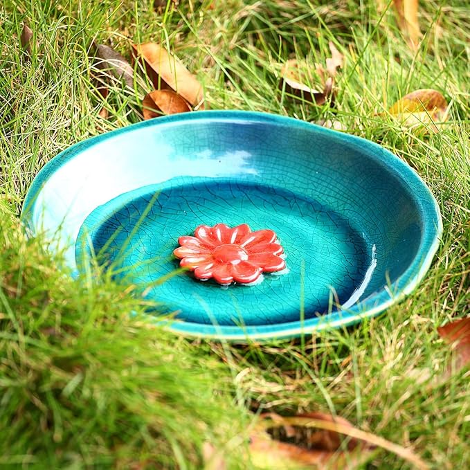 Topadorn Birdbath Ceramic Bowl Decor for Bee Bird Bath Outdoor Garden Vintage Yard,Blue with Red Flower