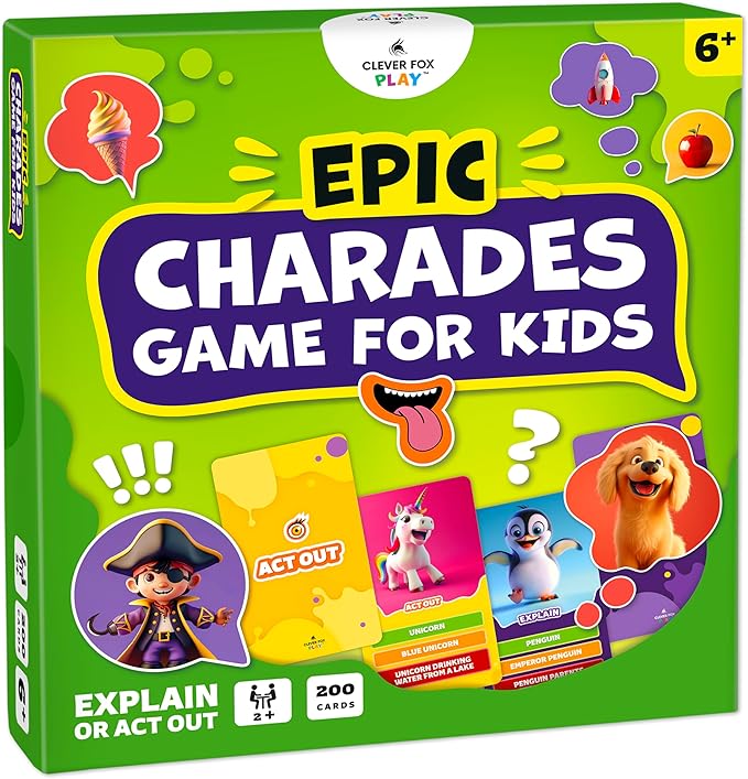 Epic Charades Game for Kids Ages 6+ – 200 Act Out & Explain Cards with Illustrations & Timer – Fun Educational Game for Family, Party, Classroom & Travel