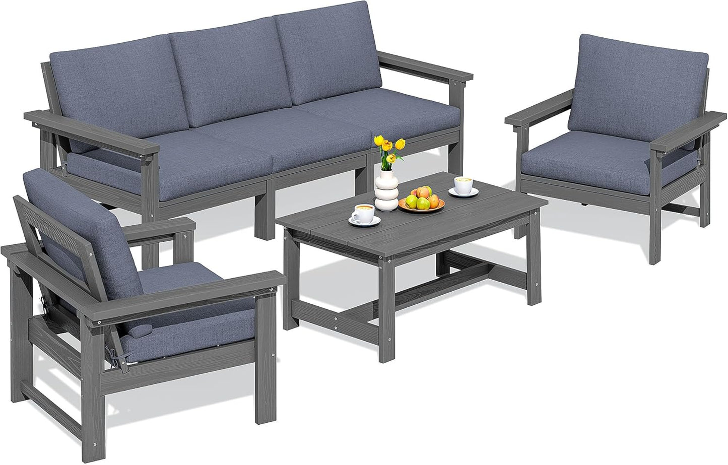 SERWALL HDPE Patio Conversation Set, 6-Piece Sectional Outdoor Furniture Set, All Weather Outdoor Couch Set Patio Furniture Set for Deck, Lawn, Grey Frame with Grey Cushion