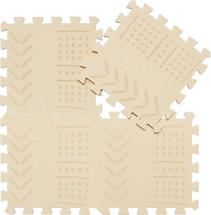 qqpp EVA 18 Tiles Baby Play Mat for Playing, Interlocking Foam Floor Mats for Tummy Time & Crawling, Puzzle Flooring Tiles with Laser Pattern for Kids. Beige. QL-91(J) b18N