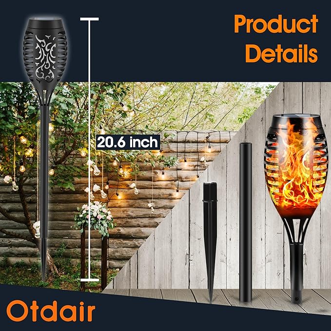 Otdair Solar Outdoor Lights, 16 Pack 12LED Solar Tiki Torches with Flickering Flame, IP65 Waterproof Mini Solar Torch Lights Auto On/Off for Garden, Patio, Yard, Pathway