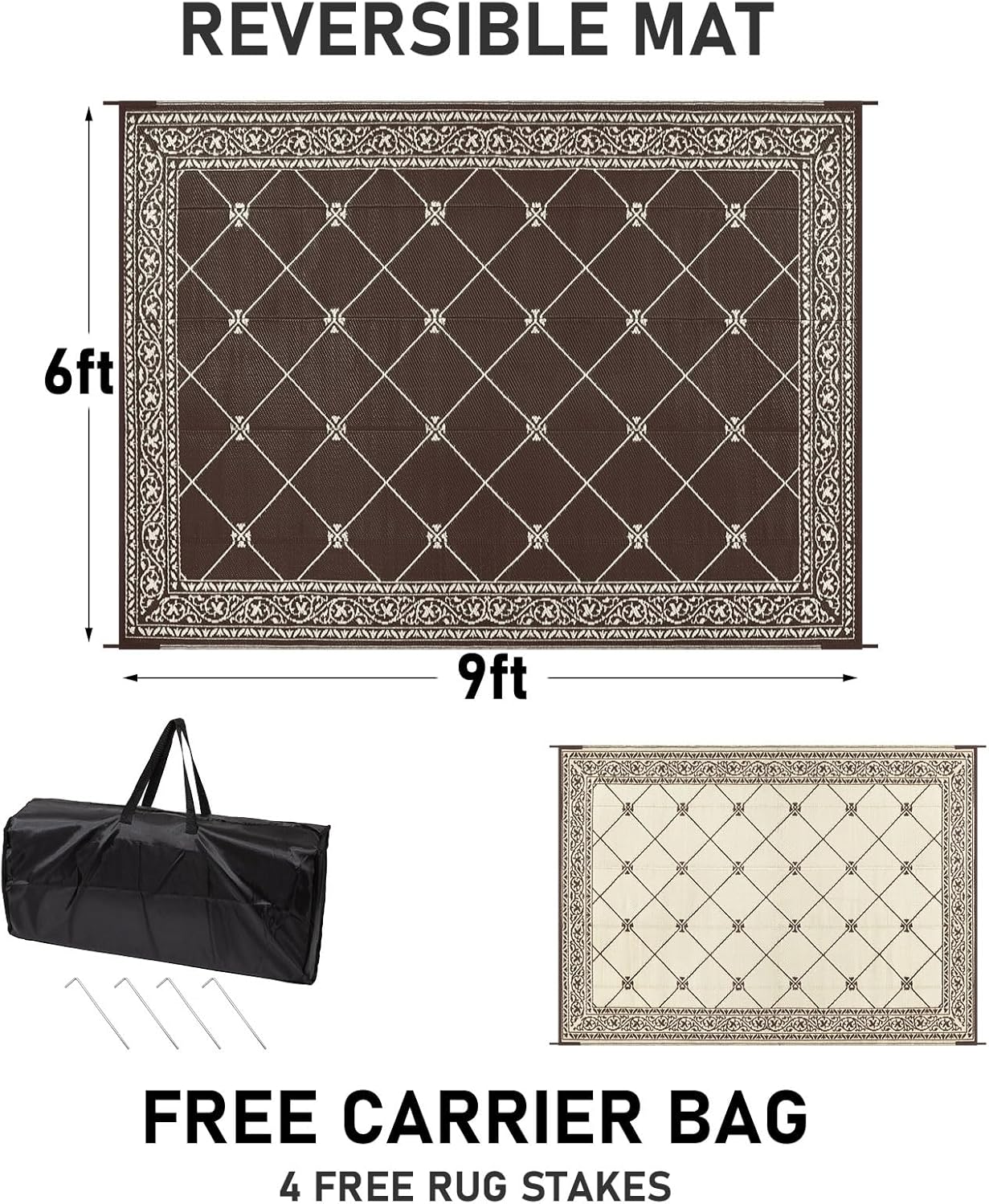 HiiARug Outdoor Patio Rugs 6x9Ft Outside Rugs Patio Waterproof Plastic Straw RV Camping Rug Reversible Mats Large Floor Mat and Rug for Patio, Backyard, Deck, Picnic, Beach, Trailer (Brown)