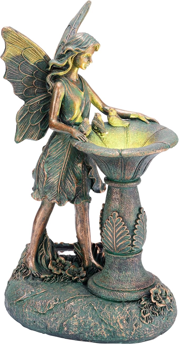 TERESA'S COLLECTIONS Fairy Garden Statues with Solar Outdoor Light for Outdoor Decor, Bronze Fairy Resin Garden Sculptures & Statues for Garden Decor, Yard Art for Lawn Housewarming Gifts for Mom 9.4"