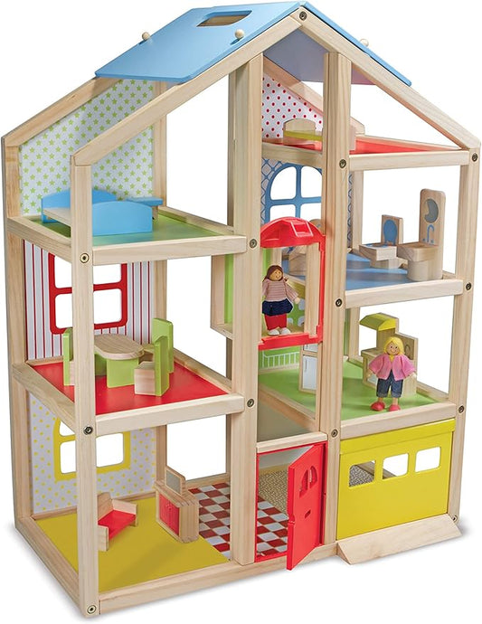 Melissa & Doug Hi-Rise Wooden Dollhouse with 15 pcs Furniture - Garage and Working Elevator