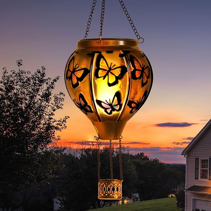 pearlstar Hot Air Balloon Solar Lantern with Flickering Flame Light Outdoor Solar Hanging Lights Waterproof for Garden Yard Farmhouse Patio Pathway Outside Decoration,Glass(Butterfly)