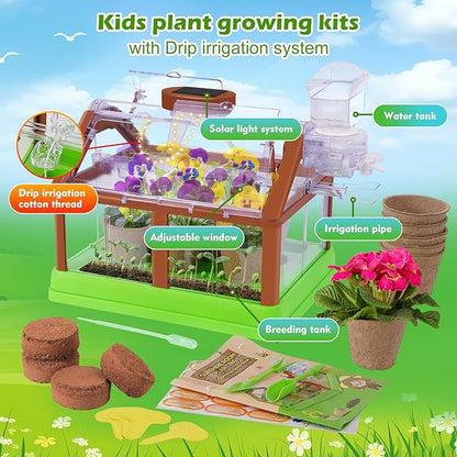 Kids Gardening Plant Growing Kit-Kid Plant Growing Greenhouse Set with Upgraded Irrigation & Light-Perfect Garden Plant for Boys and Girls