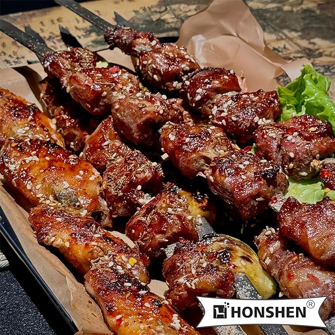 22-Inch Long Flat BBQ Skewers, HONSHEN 3/8 Inch Heavy Duty Stainless Steel Wide Blade with hardwood Handle barbecue skewers for Grilling Meat,Chicken,Beef-Set of 12 (22Inch Flat BBQ Skewers 12p)