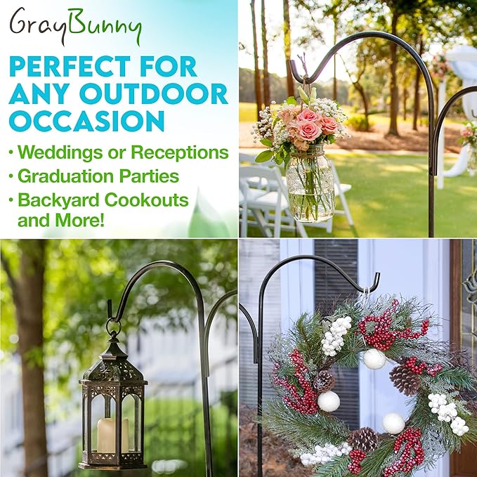 Gray Bunny Dual Sided Shepherds Hooks for Outdoor - 65" Heavy Duty Metal Bird Feeder Pole & Lantern Pole, 1/2" Thick Plant Hangers Outdoor, Great for Weddings Décor & Mason Jars - Black