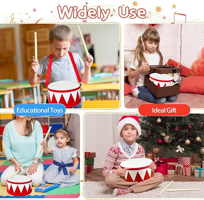 Kids Drum Set,8 in Wooden Toy Drum Set,Educational Baby Musical Toys Drum with Adjustable Strap 2 Drumsticks,Sensory Musical Instrument Drum Toy for Toddler Boys & Girls Gift(Red)