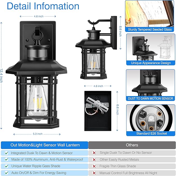 VIANIS 2 Packs Motion Sensor Outdoor Lights, Dusk to Dawn Outside Lights for House, Black Outdoor Light Fixture Sconce for House, Doorway, Entryway, Waterproof, Anti-Rust