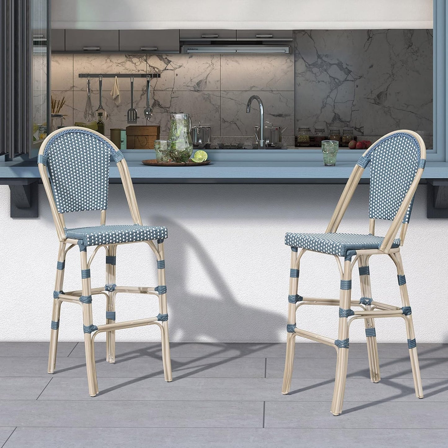 PURPLE LEAF French Counter Height Bar Stool Set of 4 25" White Print Finish Patio Bar Chairs with Back Rattan Bar Chairs French Bistro Set for Kitchen Outdoor Counter Stool Light Blue