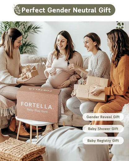 Fortella Baby Play Gym & Activity Mat, Tummy Time Mat w 5 Detachable Toys and Pillow, Large Sensory Playmat for Floor, Newborn Infant Baby Essentials Shower Gift 0-3-6-9-12 Months (Sage Green)