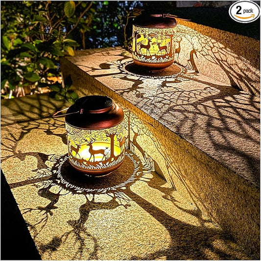 2 Pack Deer Solar Lanterns Outdoor Waterproof Hanging Solar Lights Deer Gifts for Women Men Metal Decorative LED Lanterns for Yard, Patio, Lawn, Tabletop, Pathway, Landscape, Garden Decor