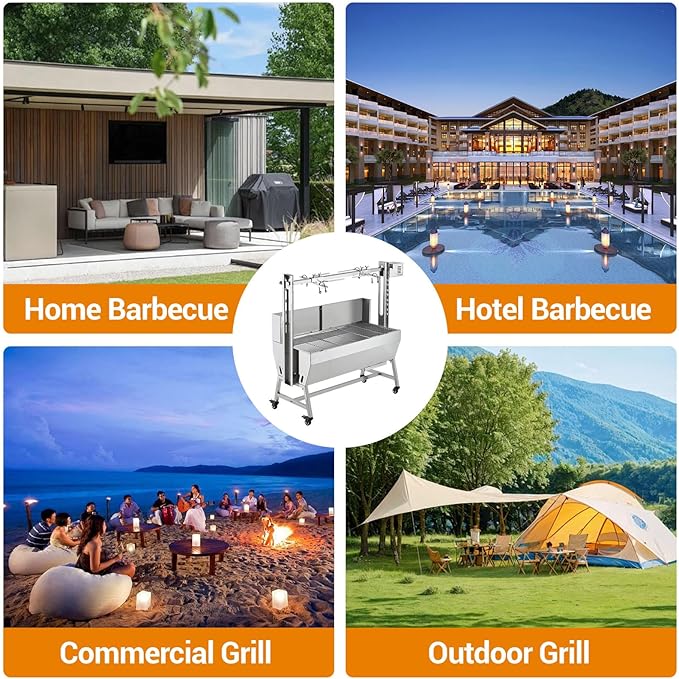 Stainless Steel Electric Pig Rotisserie Grill with Fire Pit & Baffle - 60kg Capacity, 50W Motor for Whole Pig/Lamb, Asador de Puerco Outdoor Camping BBQ