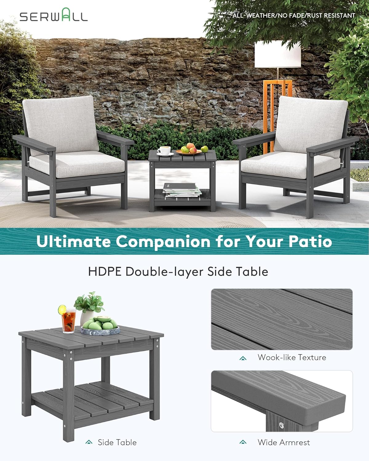 SERWALL HDPE Patio Sofa Set, 3-Piece Sectional Outdoor Furniture Set, All Weather Outdoor Couch Set Patio Furniture Set for Deck, Lawn, Grey Frame with Khaki Cushion