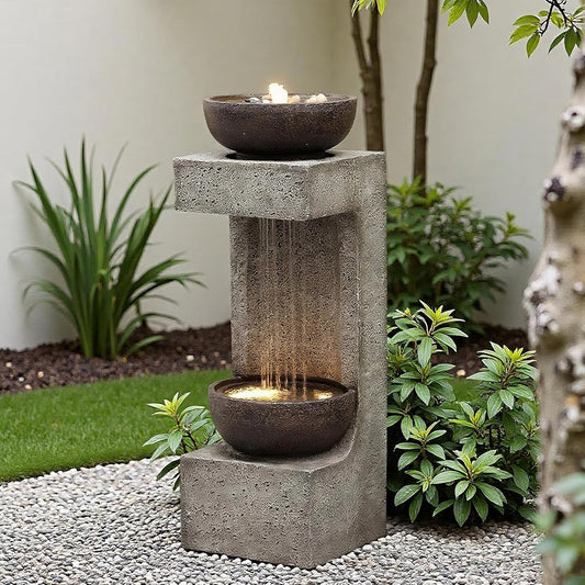 33.9" Waterfall Fountain Outdoor with LED Lights – Modern Rain Curtain Resin Garden Waterfall and Fountains, Bowl Design Outdoor Water Feature for Patio, Porch, Backyard, Lawn & Home Decor