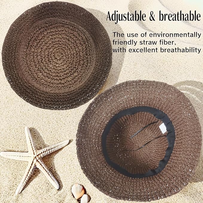 Womens Straw Beach Sun Hats, Foldable Packable Floppy Handmade Crochet Hats for Women,Large Summer Vacation Wide Brim Hat