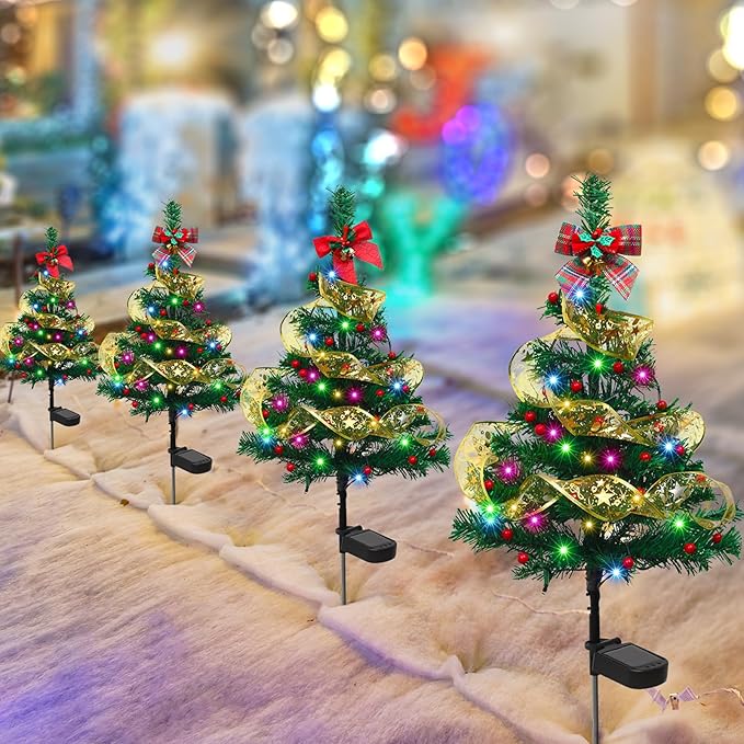 Libima 4 Pcs Solar Christmas Tree Garden Stake Lights Solar Outdoor 30 Inch Waterproof 80 LED Landscape Lights with 4 Bows 100 Artificial Berries and Ribbon for Xmas Decor Party Yard Patio Pathway