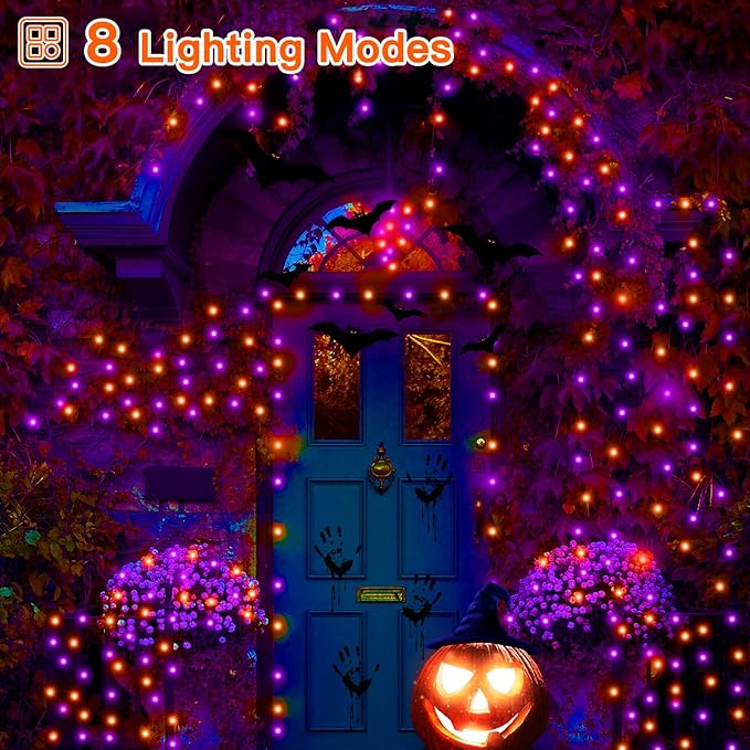 Ollny Halloween Outdoor String Lights - 60 FT 180 LED Orange and Purple Decorations, Waterproof Fairy Plug-in, 8 Modes and Timer for Party, Yard, Door, Christmas Decor