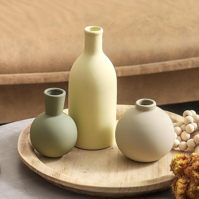 Vase Set of 3, Ceramic Vases Home Decor Flower Decorative Table Decor Vase Pottery Neutral Vases for Tray Table Mantel Living Room Kitchen Bedroom Bathroom Entryway -Light Color