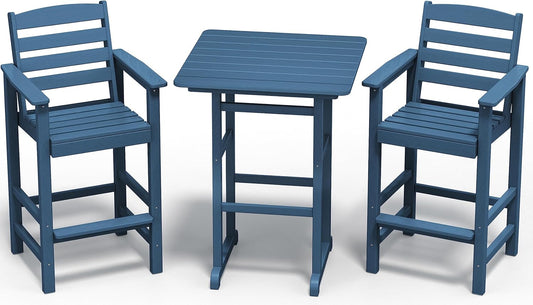 SERWALL Balcony Adirondack Chairs and Table 3 Pieces Set, Adirondack Bar Height Chairs Set of 2 and Bar Table, Outdoor Bar Stools Set for Bistro, Poolside, Backyard, Blue