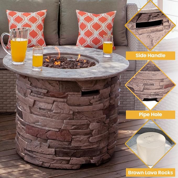 COSIEST Outdoor Propane Concrete Fire Pit Table w Imitation Stone Surface 32-inch Round Fire Table, CSA Certified, 40,000 BTU Stainless Steel Burner, Free Lava Rocks, Fits 20lb Tank Inside