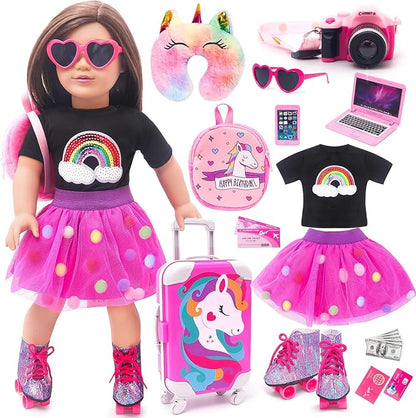 American 18 Inch Doll Accessories Doll Travel Set Including Suitcase Luggage and Dress, Camera Computer Phone Neck Pillow Sunglasses Dolls Travel Gear Play Set Gift for Birthday (NO Doll)