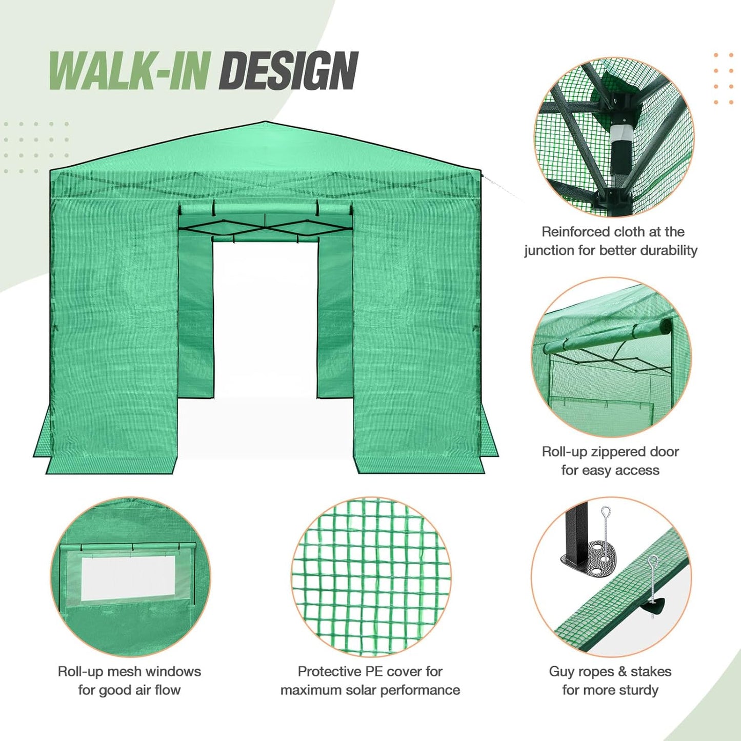 EAGLE PEAK 10x10 Portable Walk-in Greenhouse, Pop-up Indoor Outdoor Garden Green House, Zippered Doors and Windows, PE Cover, Green