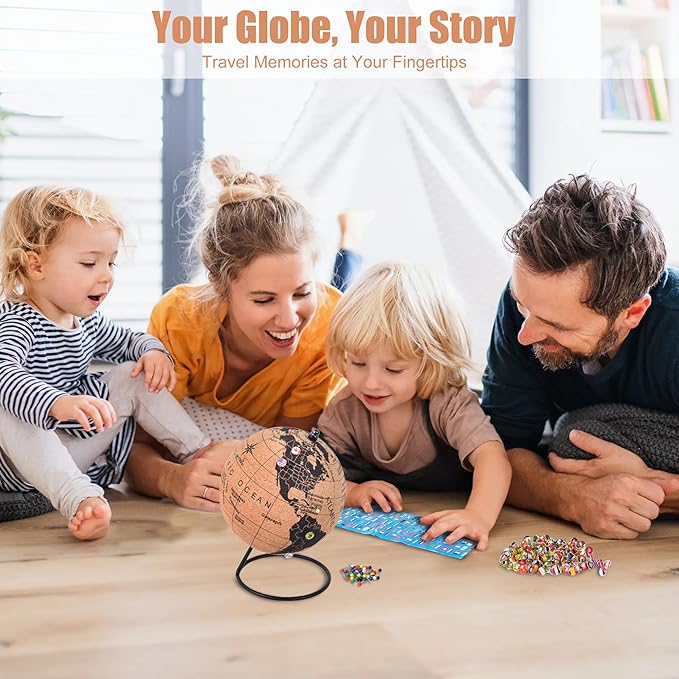 6" Cork Globe with 100 National Flag Pins & 50 Colored Push Pins – Cork World Map with Rotating Stand – Pin Globe for Travel Tracking, Home or Office Decor – Gift for Couples & Families(DH-DQY-145)
