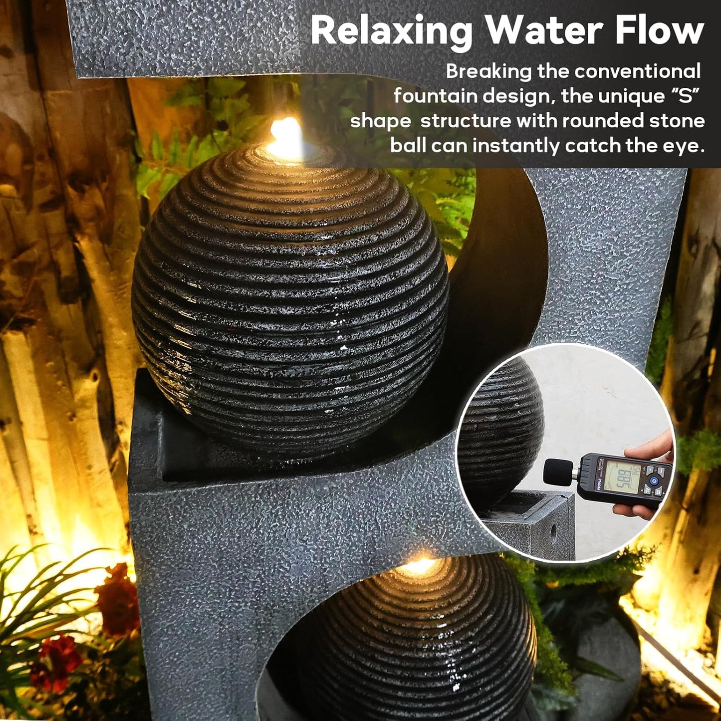 46''H Outdoor Water Fountain with LED Light, Modern Sphere Floor Waterfalls Fountains Indoor for Garden Patio Yard Deck Home Decor Lawn Porch House