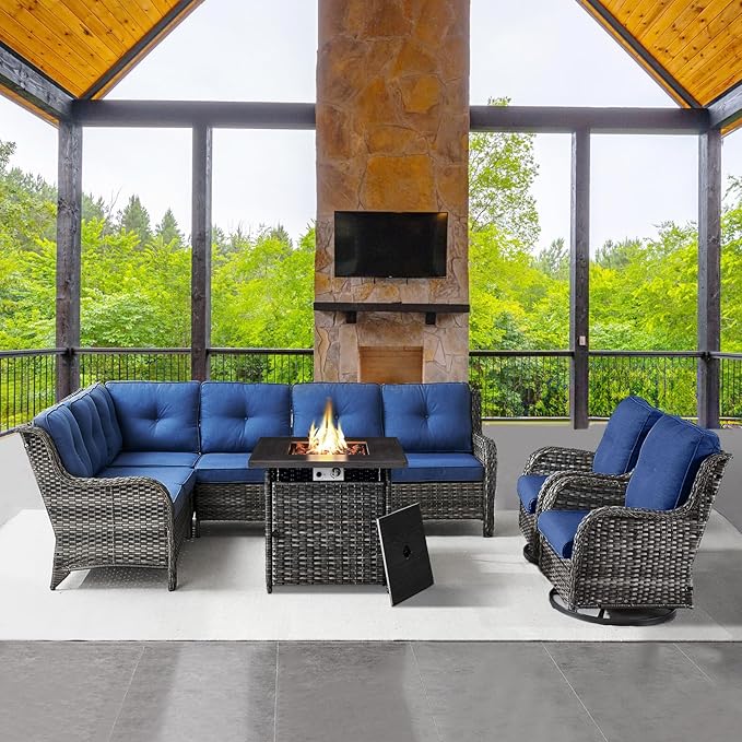 Outdoor Sectional Sofa Furniture Set with Propane Fire Pit Table, Wicker Patio Conversation Set with 2 Swivel Glider Rocker Chairs Blue Cushion Perfect for Backyard Casual Gathering
