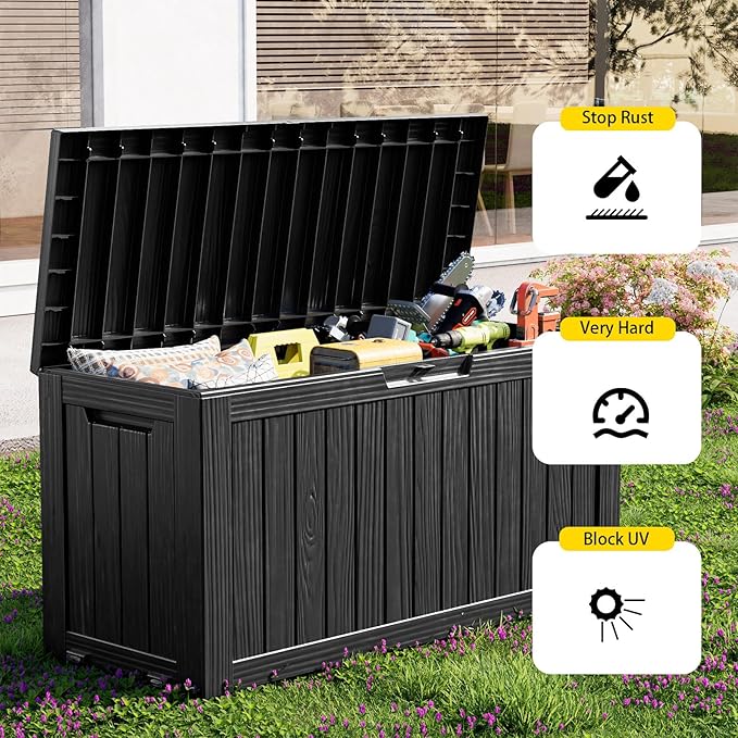 75 Gallon Waterproof Outdoor Storage Box,Resin Deck Box,Lockable Outside Storage Box Container for Patio Furniure,Garden,Pool Tools (75 Gallon,Black)