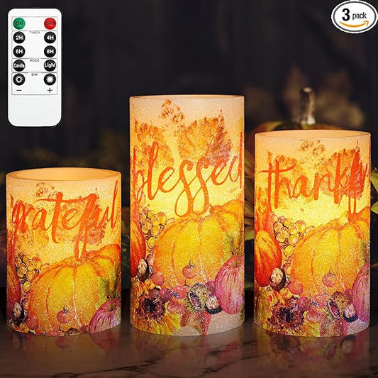 Thanksgiving Blessings LED Candles Pumpkin Glitter Desgin Real Wax Flickering Flameless Fall Harvest Battery Operated with Remote Timer 6H for House Warming Gifts New Home Table Tary Decor