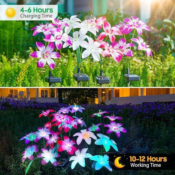 Solar Garden Lights Outdoor, 8 Pack Blooming Lily Solar Flowers Outdoor Waterproof, 7 Color Changing Bigger Flower Lights for Yard Patio Decor, Gift for Mom