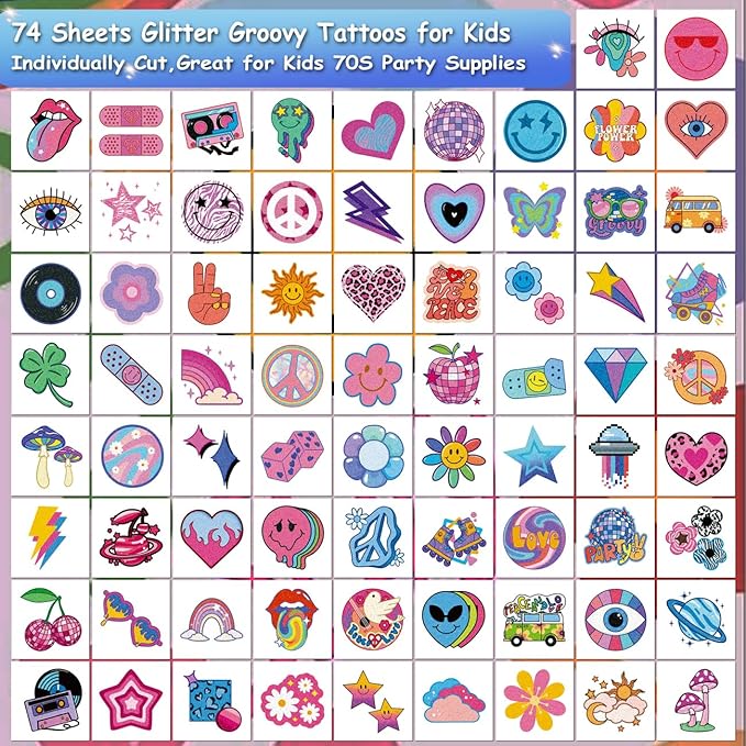 Glitter Groovy 70s Temporary Tattoos for Kids - 74 Individually Sheets Glitter Retro Flower Power, Smiley Decorations Tattoos Stickers for Boys Girls Party Supplies