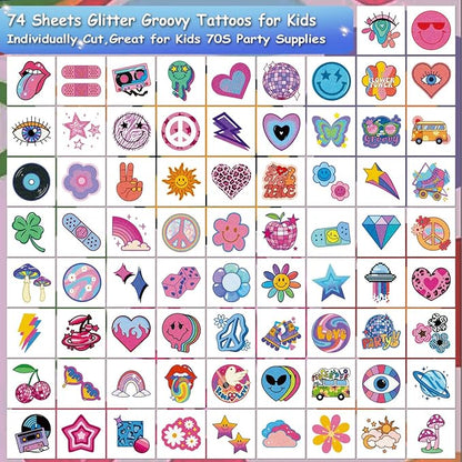 Glitter Groovy 70s Temporary Tattoos for Kids - 74 Individually Sheets Glitter Retro Flower Power, Smiley Decorations Tattoos Stickers for Boys Girls Party Supplies