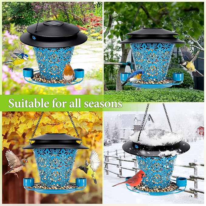 Solar Bird Feeders for Outside Hanging Metal Wild Bird Feeder Solar Lanterns Outdoor Waterproof Garden Decor for Yard Blue