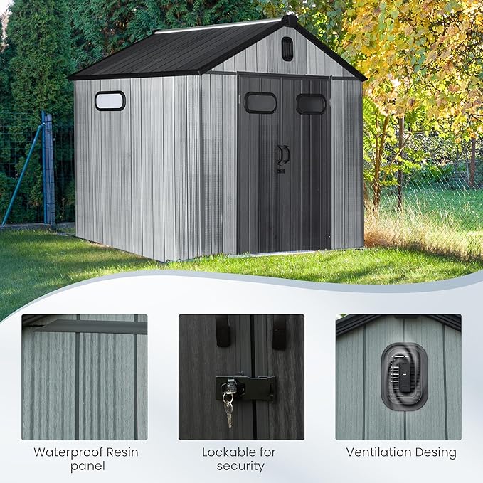 Domi 8x8 FT Outdoor Resin Storage Shed, All-Weather Double-Wall Storage Building for Backyard, Garden, Lawn Tools, Mower, Bike & Pool Equipment, Lockable Doors, Ventilated Roof, Grey