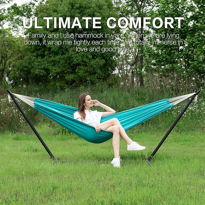 PNAEUT Double Hammocks with Stand for Outside, Portable Space Saving Heavy-Duty Steel Stand for Indoor Outdoor Patio with Carrying Bag, 450 lbs Capacity (Aqua)