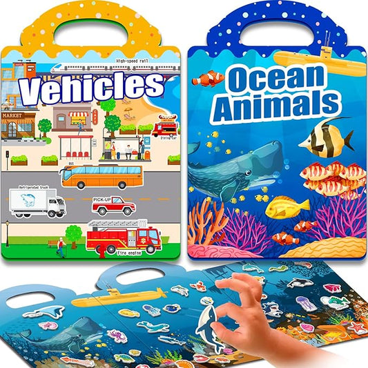 2 Sets Reusable Sticker Books for Toddlers 1-3, Removable Jelly Sticker Books for Kids 2-4 Years, Toddler Travel Toys Activity Road Trip Essentials for Kids- Vehicle + Ocean
