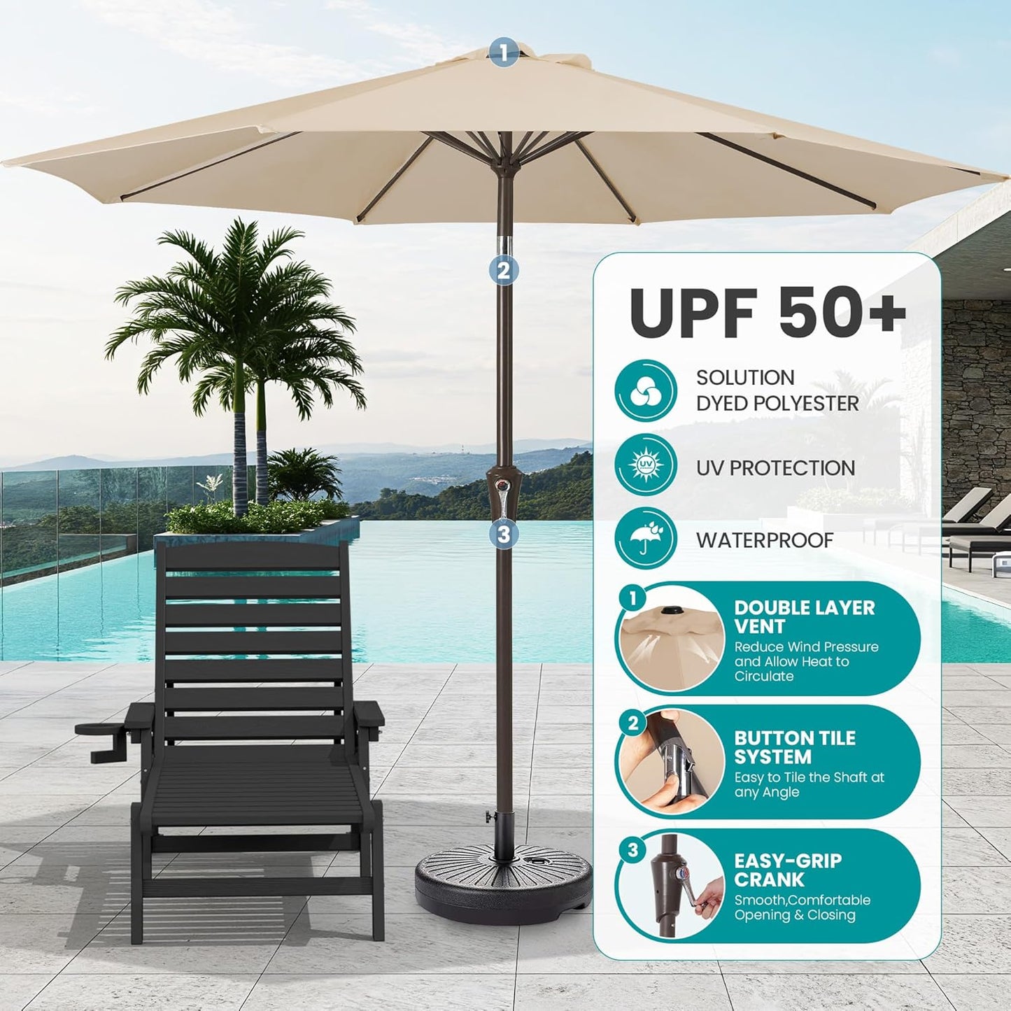SERWALL Patio Chaise Lounge Chair Set of 2 with 9FT Patio Umbrella, 78'' HDPE Outdoor Lounger, Poly Lounge Chair with Rolling Wheels & Cup Holder for Pool,Obsidian Black (Umbrella Base not Included)