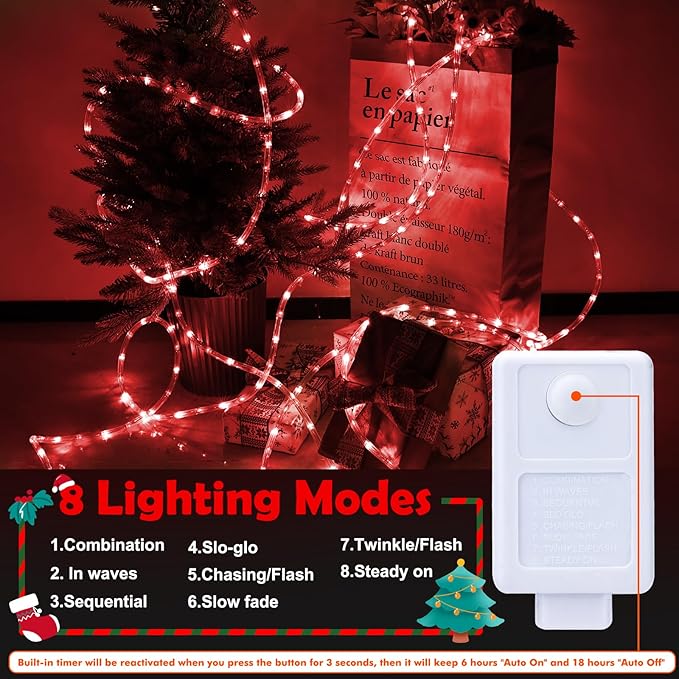 200ft LED Rope Lights Outdoor, 1440 LED Flexible Tube Lights with 8 Modes, Waterproof LED Rope Lighting for Outside, Garden, Patio, Bedroom, Party,Deck, Pool, Fences, Indoor Outdoor Decoration (Red)