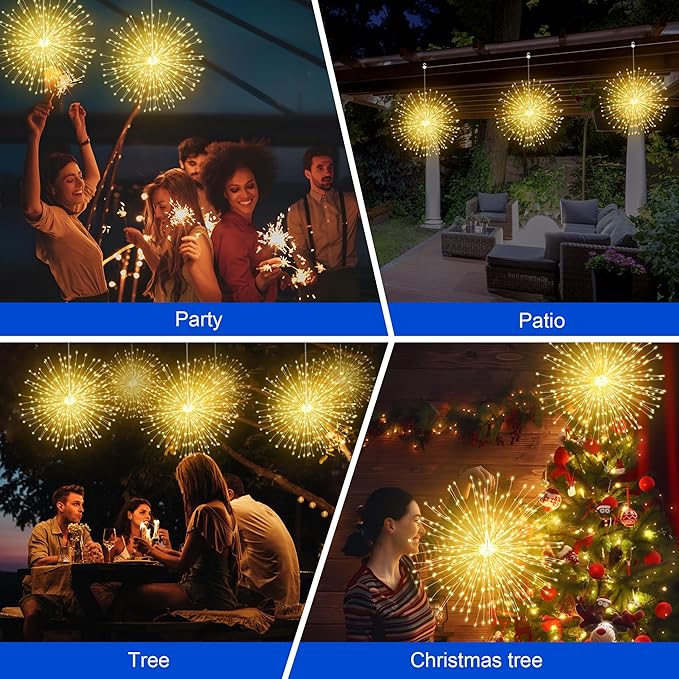 Solar Firework Lights Outdoor, 1000 LED Starburst Light Outdoor with USB Rechargerable, 8 Modes Waterproof Solar Hanging Lights for Gazebo Yard Party Wedding Decorations (Warm White, 1000 LED)