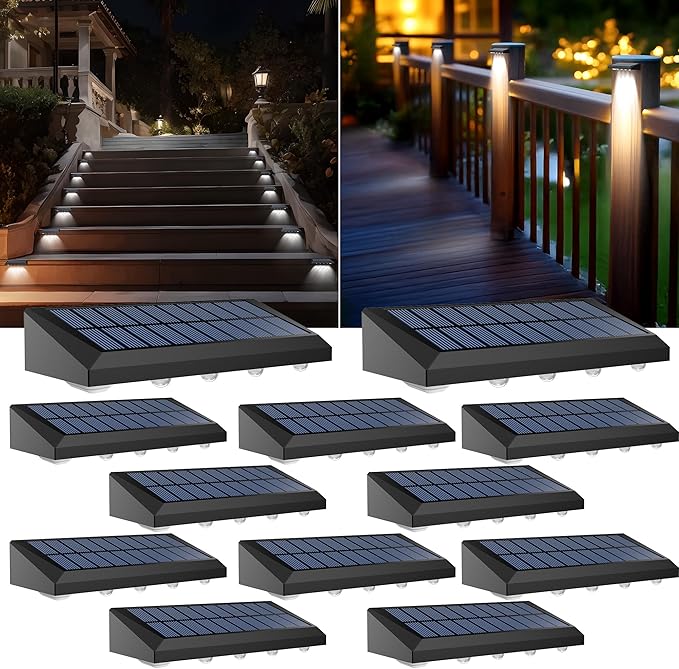 Solar Fence Lights Outdoor Waterproof IP65, 12 Pack Fence Lights Solar Powered 60 Lumens Auto On/Off Step Wall Lights Outside Decorations for Yard, Porch, Patio, Stairs, Pool, Deck, Garden-White Light