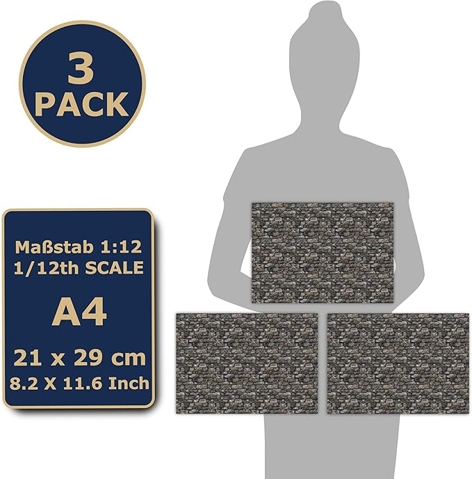 3 Sheets Self-Adhesive Wall Cladding for Dollhouse 1:12 Scale (Cottage 1)