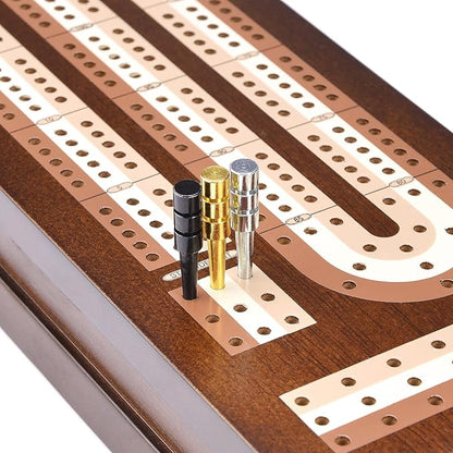 AMEROUS Wooden Cribbage Board Game Set with Magnetic Lock - Metal Pegs - 2 Playing Cards - Continuous 3 Track Board - Larger Storage Area, Travel Portable Cribbage Game Sets for Family