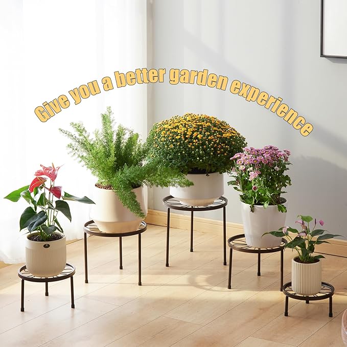 Plant Stand,5 Pack Heavy Duty Flower Pot Stands,Metal Decoration Racks,Round Plant Shelf for Planter Outdoor and indoor (Brown)