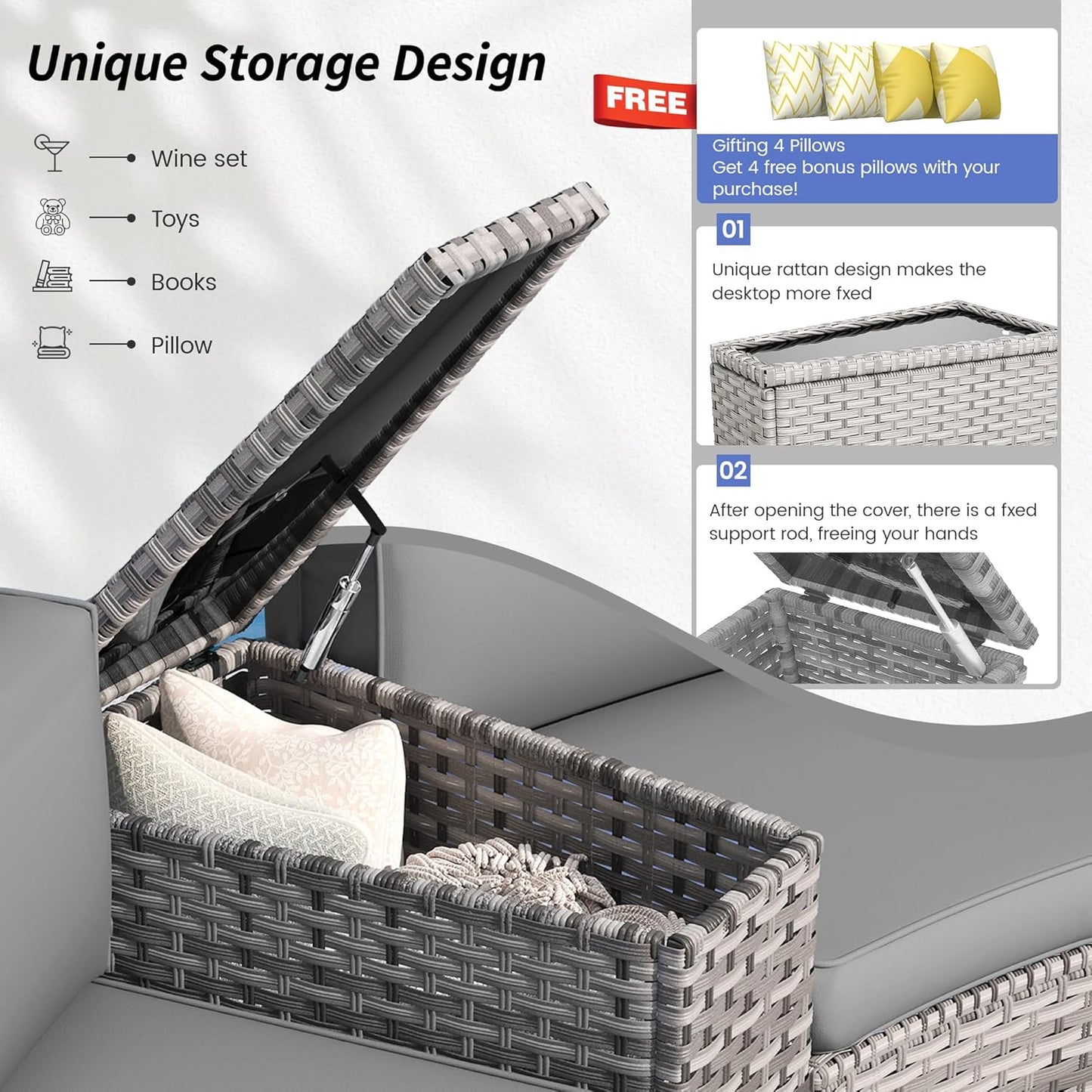 Patio Sectional Furniture Outdoor 11-Piece Grey Rattan Curved Sofa Set with Storage Table,Pillows,Fit for Pool Backyard Balcony Porch Lawn (Grey)