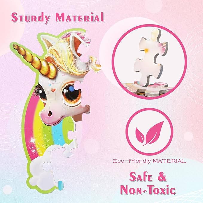 Glittering Unicorn Puzzle, Large Floor Unicorn Jigsaw Puzzles for Kids with Puzzle Sticker Sheets, for Girls Ages 3-6